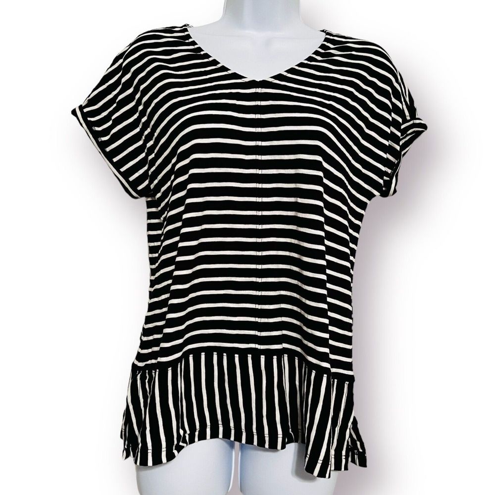 Soft Surrounding Bali Breeze Stripped Tee Black & White V Neck Resort Wear XS